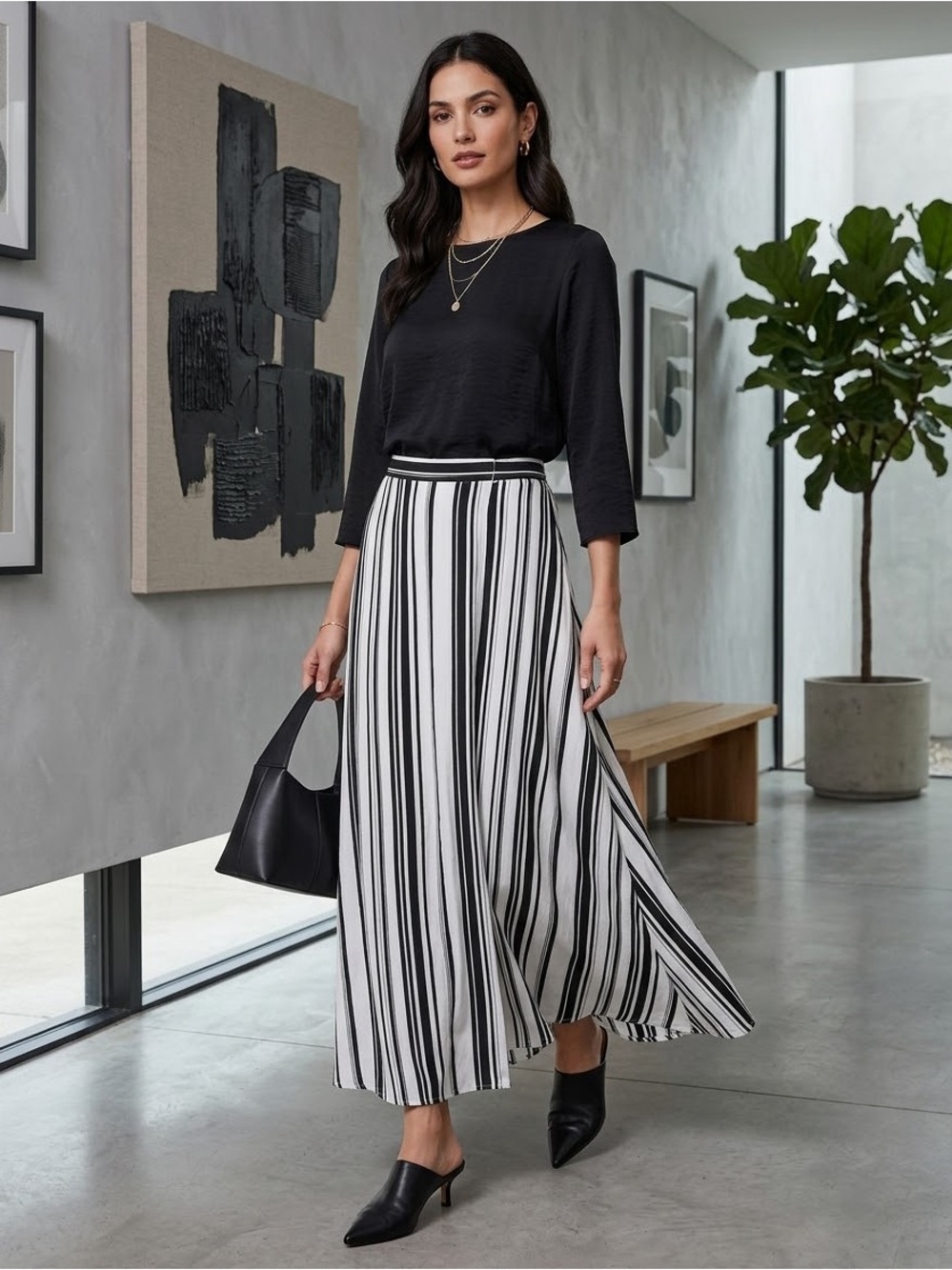 White House Black Market Black & White Vertical Stripe Maxi Skirt